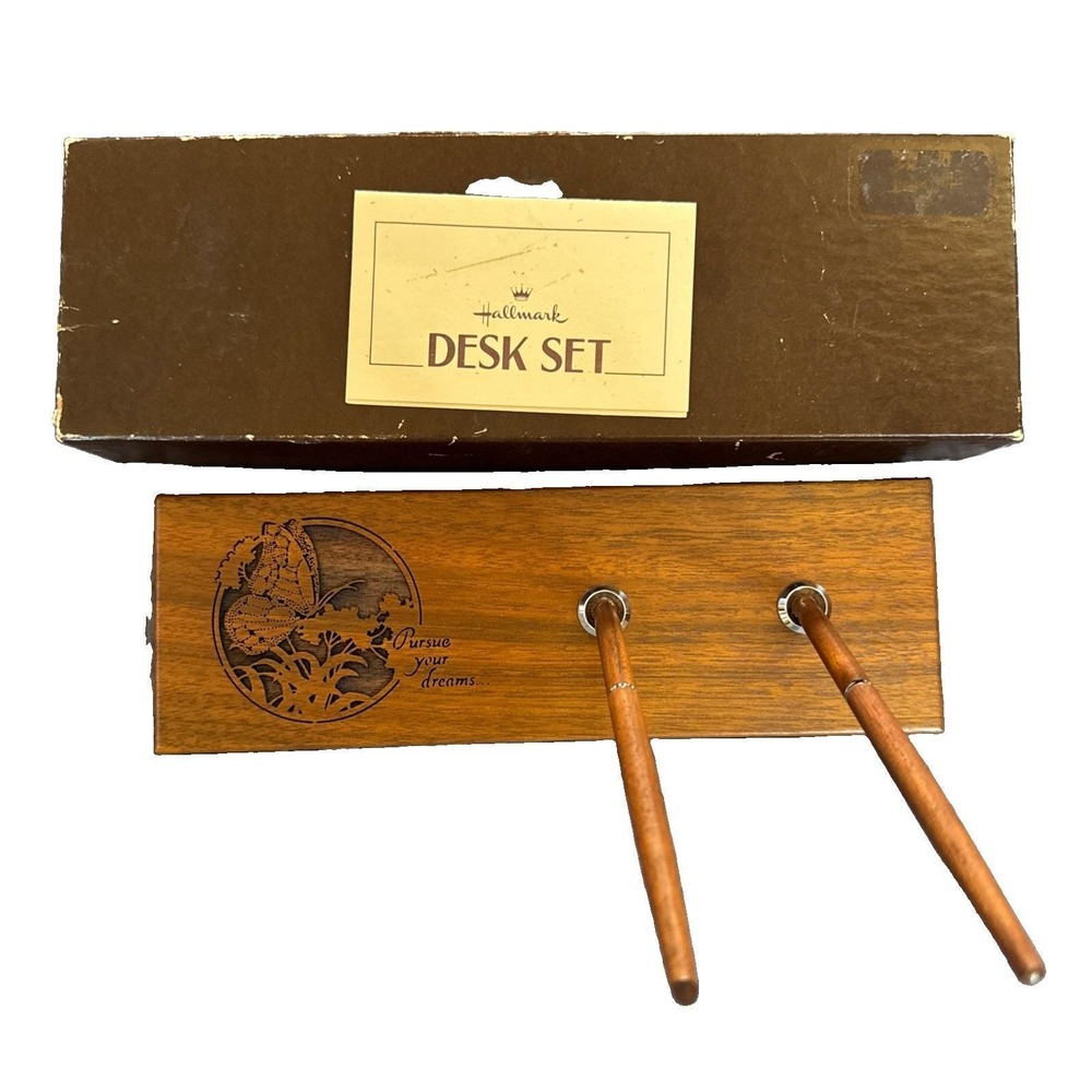 Vtg Hallmark Pen/Pencil Desk Set solid Walnut Laser craft Butterfly Pursue Dream